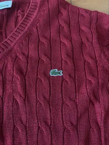 LACOSTE 케이블 니트 V넥 스웨터 레드