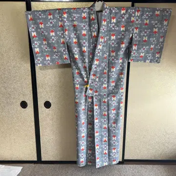 새상품 기모노 앙상블 울 그레이 꽃무늬