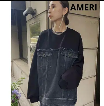 AMERI 아메리 데님 맨투맨 오버 탑 블랙