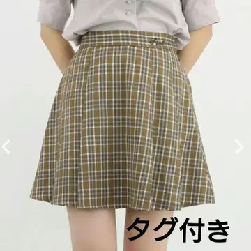 핀트 로고 자수 사이드 플리츠 체크 미니 스커트 베이지 x 화이트