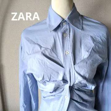 ZARA 자라 스트레치 블루 셔츠 가슴 부분 개더 비대칭 버튼