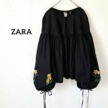 ZARA 꽃무늬 자수 벌룬 볼륨 상의 블라우스 블랙 XL