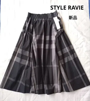 새상품 STYLE RAVIE 롱 스커트 체크 무늬 사이드 개더 디자인