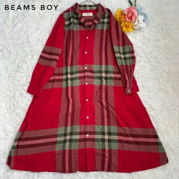 빔즈 보이 빅 타탄 체크 롱 셔츠 원피스 빨간색 레드