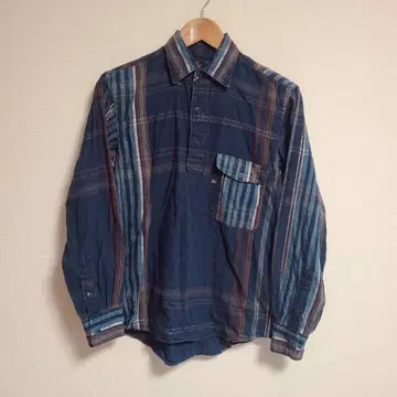 45RPM 인디고 염색 풀오버 체크 셔츠 긴팔 하프 버튼