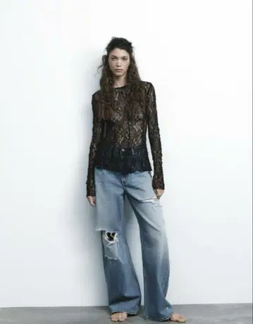 ZARA TRF BAGGY 프린지 미드 라이즈 데님 팬츠