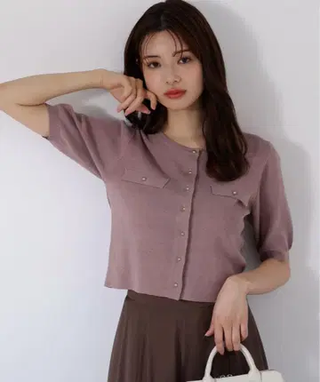 퍼플 버튼 반팔 니트 가디건