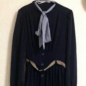 레이디 아젤 플리츠 원피스 보타이 벨트 개더 네이비