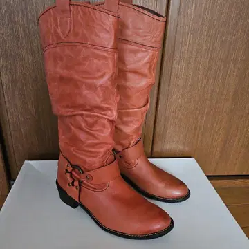 오렌지 가죽 롱 부츠 힐 4cm