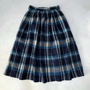 빈티지 울 체크 무늬 미디 기장 스커트 네이비 블루
