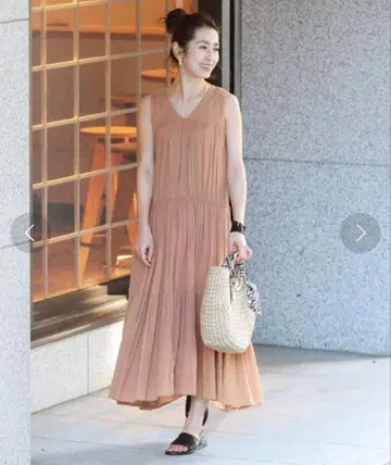 누키테파 슬리브리스 개더 코튼 롱 원피스 핑크