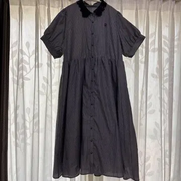스트라이프 레이스 옷깃 반팔 셔츠 원피스