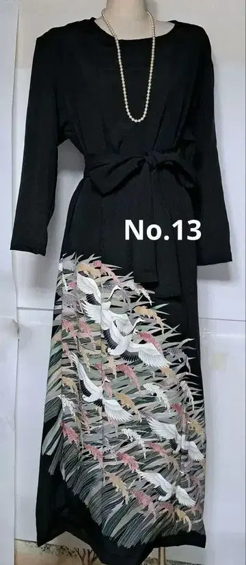 블랙 전통 예복 기모노 리메이크 학 패턴 롱 드레스 허리 리본 포함