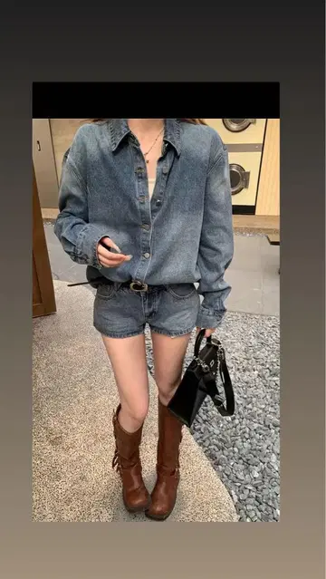 데님 셔츠와 숏팬츠 셋업