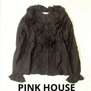 PINK HOUSE 럭셔리 피코 프릴 핀턱 리본 블랙 셔츠 블라우스