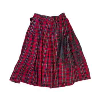 빨간색과 블랙 체크 플리츠 스커트 펑크 에이프런 스커트