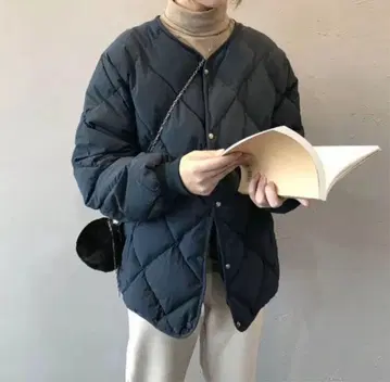 퀼팅 노카라 패딩 자켓 블랙