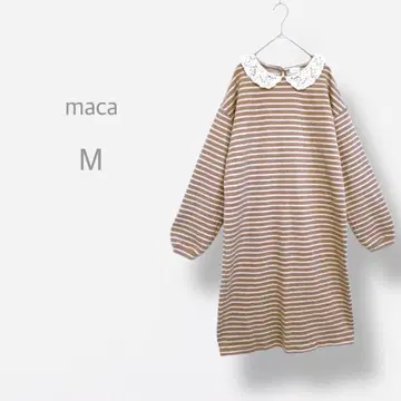 [ maca ] 롱 니트 원피스 보더 레이스 칼라 퍼프 슬리브 얇은 소재