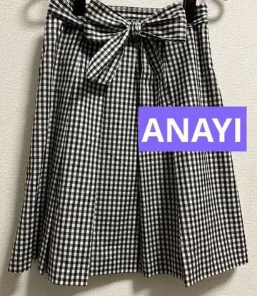 ANAYI 깅엄 체크 플레어 스커트 무릎 기장 리본 포함
