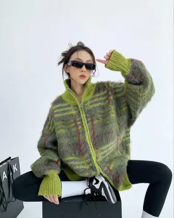 AURORA boutique 더블 지퍼 오버 사이즈 니트 그린 M