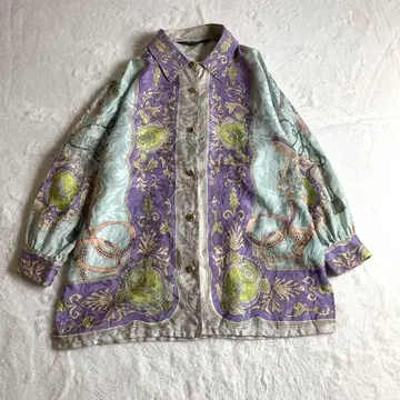 [ 셔츠 스카프 패턴 민트 그린 실크 100% 레트로 버튼 멋짐 ]