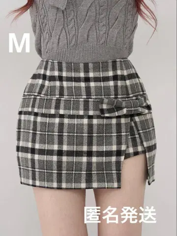 슬릿 체크 리본 미니 스커트
