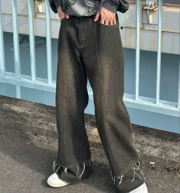 Perushu 다크 그레이 와이드 레그 데님