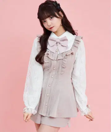 시크릿 허니 소매 레이스 핀턱 프릴 요크 절개 셋업 핑크