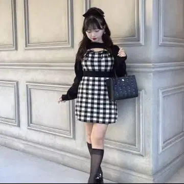 evelyn 리본 체크 타이트 OP 블랙
