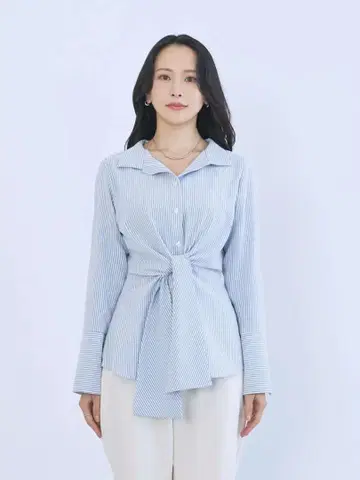 overE 오버이 허리 마크 튜닉 셔츠 블루 스트라이프