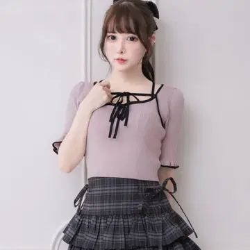 piun 리본 테이프 반팔 니트