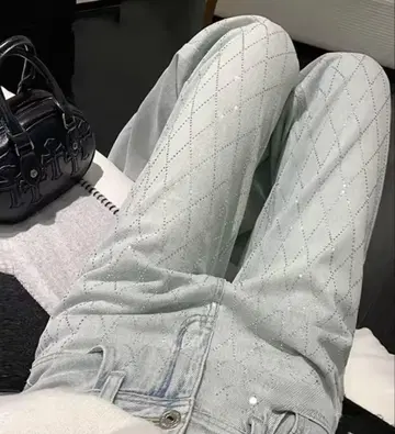 크로스 큐빅 반짝이 데님 팬츠