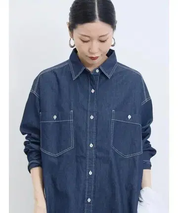 사만다 모스모스 블루 셔츠 블라우스 데님 오버 셔츠 네이비