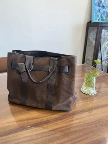 브라운 캔버스 가죽 토트백
