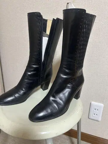블랙 가죽 뜨개질 롱 부츠