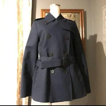 언타이틀 트렌치코트 숏 기장 네이비 허리 벨트