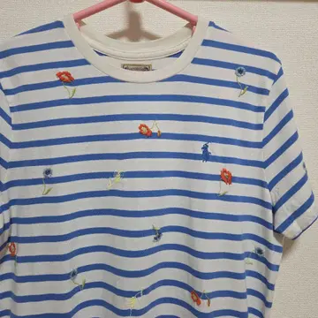 Polo 꽃무늬 자수 반팔 T셔츠 블루 화이트 스트라이프