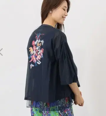 스칼라 꽃 부케 자수 시어 블루종