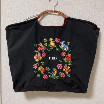 동물과 꽃무늬 자수 에코백 블랙 L