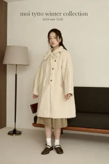[ 탈부착 리본 포함 ] 샤기 미디 기장 코트