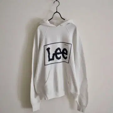 90s Lee USA제 빅 로고 화이트 후드티 래글런 슬리브 L 속기모