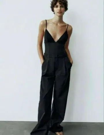 ZARA 콤비 나일론 점프수트 살로펫 올인원 블랙