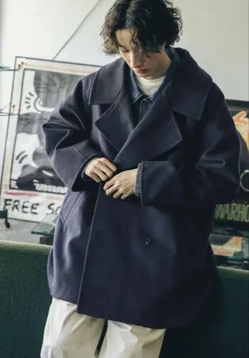 블레임 블랙 울 더블 브레스트 피 코트