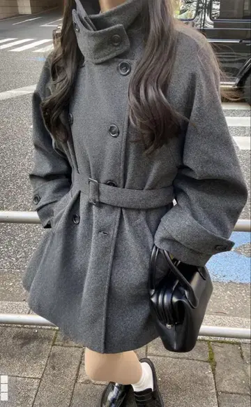 그레이 더블 브레스트 코트 벨트 포함