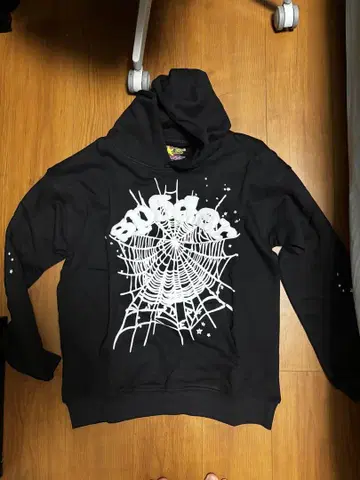 Sp5der Hoodie 블랙 거미줄 그래픽 후드티 S 사이즈