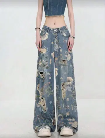 [ shein ] 레트로 플라워 프린트 데미지 데님