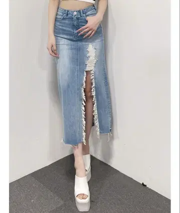 데미지 슬릿 롱 스커트 라이크 데님 숏팬츠