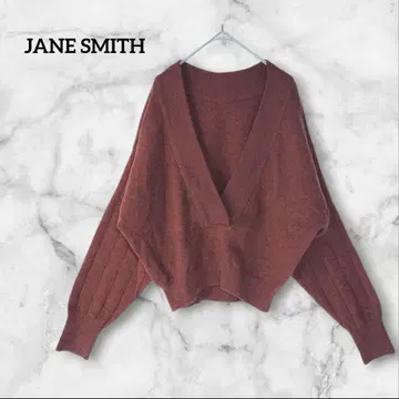 JANE SMITH 니트 스웨터 36 긴팔 깊은 V넥 브라운 밑단 리브