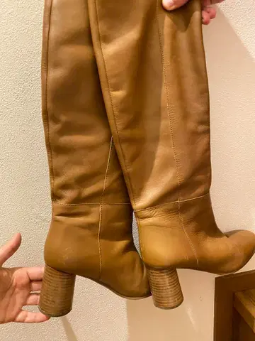 천연 가죽 브라운 하이힐 롱 부츠