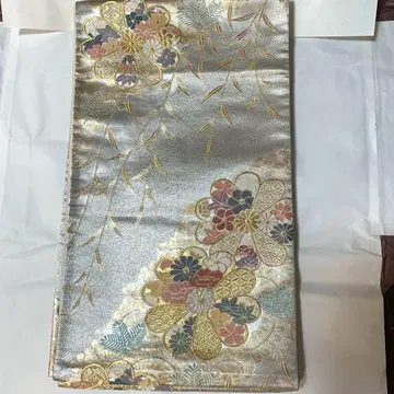 실버 꽃무늬 후쿠로 오비 새상품급 육통 무늬 금실 자수